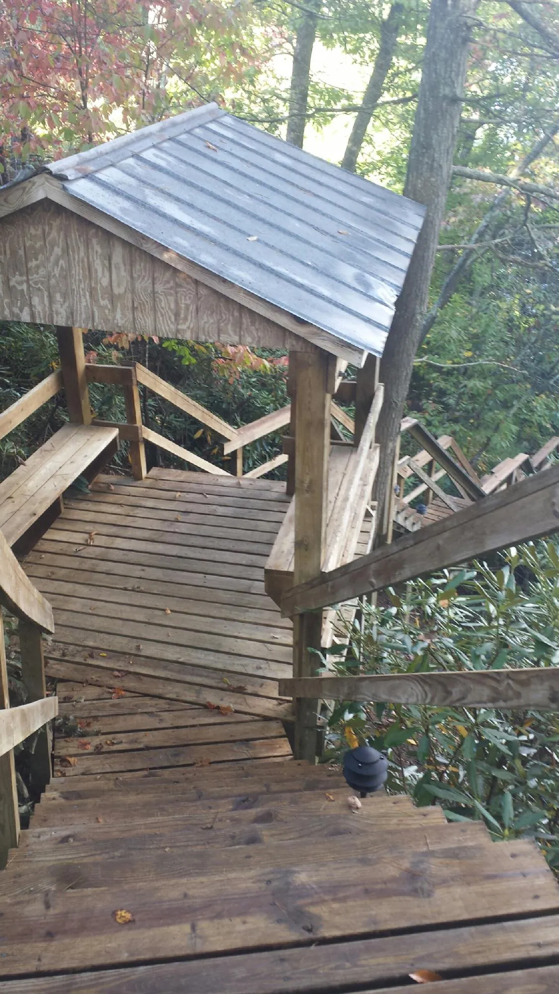 Metal roofed shelter over wooden steps on a wooded walkway — Skylight Repair & Installation work by our crew in Laurel Bloomery
